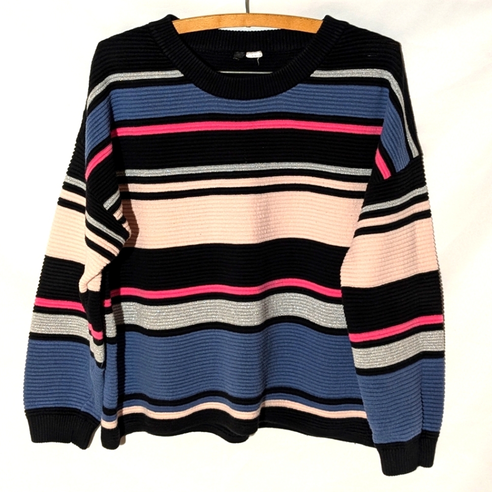 Y2K H&M Sweater - Boxy Colorblock Top with Silver, Pink, Blue & Black Stripes